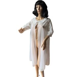 1960s Vintage Off White Sheer Robe Nightgown lace embroidered collar size medium